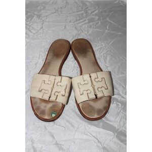 Tory Burch Ines Slide Sandals Cream‎ Gold Logo Leather Flat Shoes Size 7.5